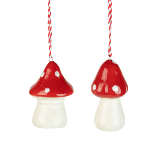 Red & White Ceramic Mushroom Christmas Ornament, 3.5"
