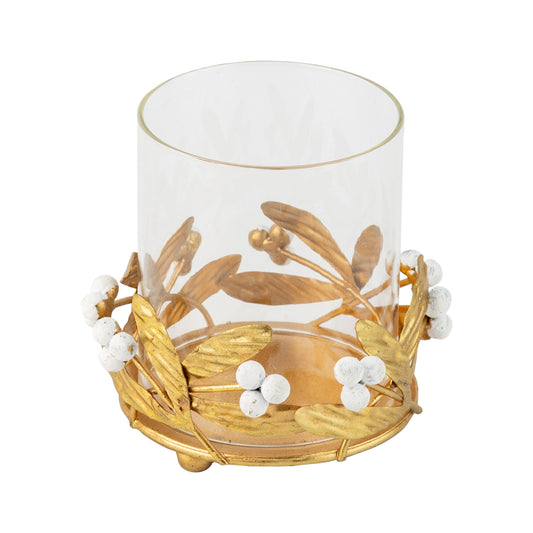 Antique Gold Mistletoe Pillar Candle Holder with Glass Insert, 4"