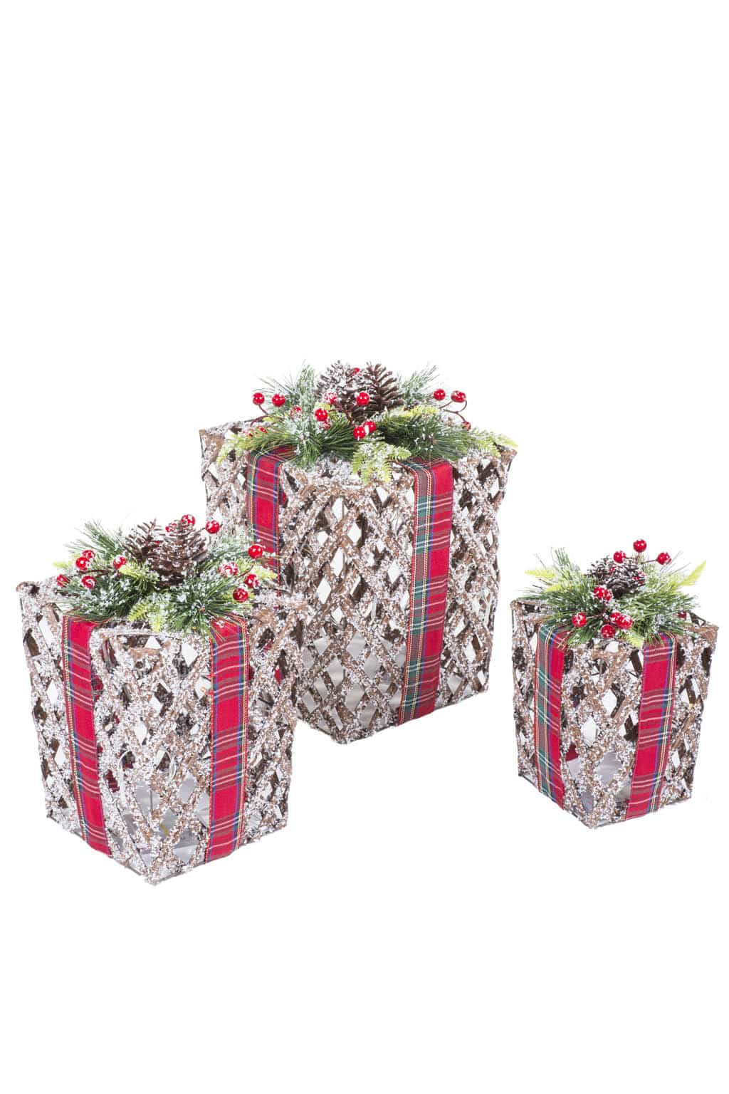 Rustic LED Gift Box with Red Plaid Ribbon