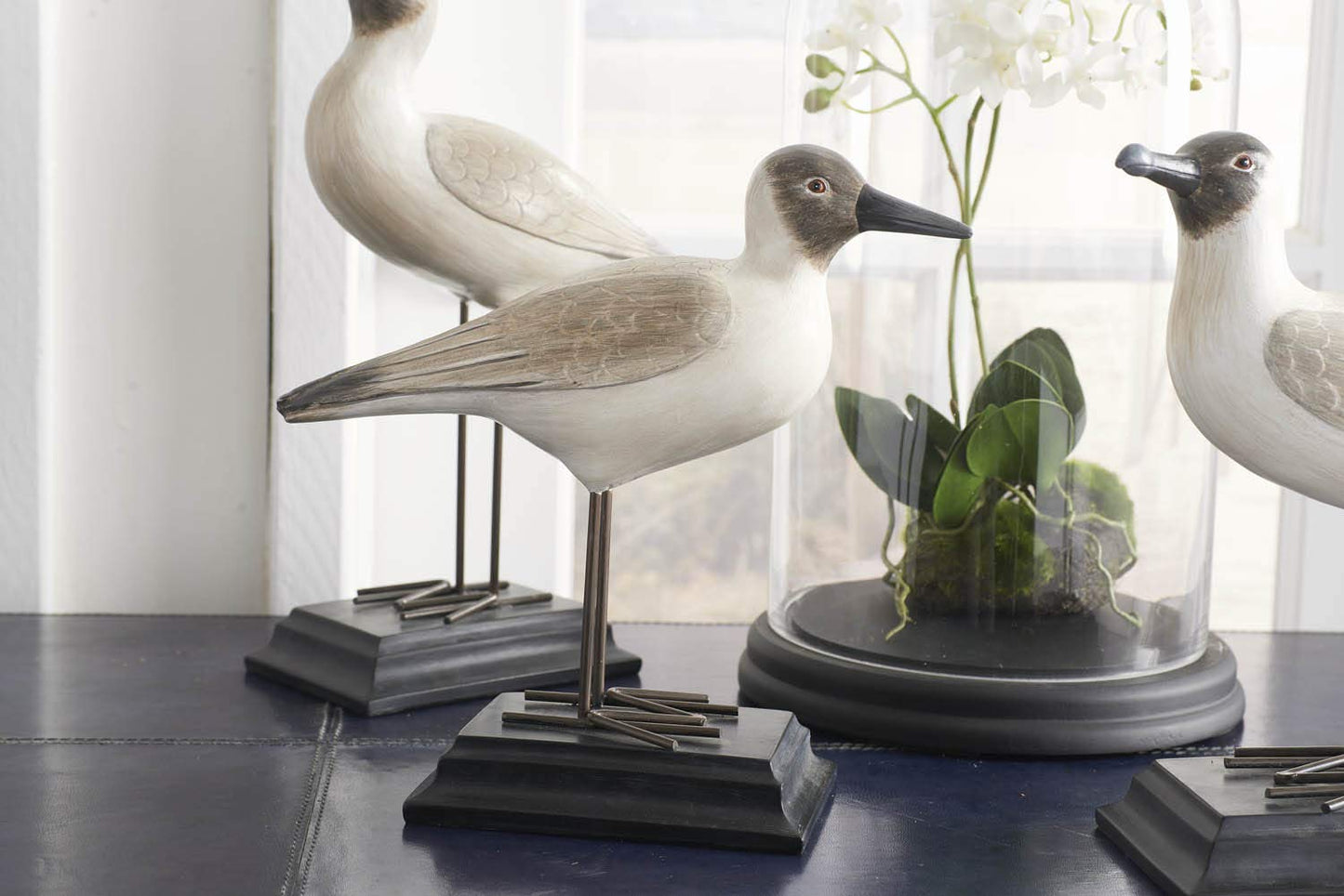 Cream and Brown Resin Seagulls with Metal Legs on Black Base