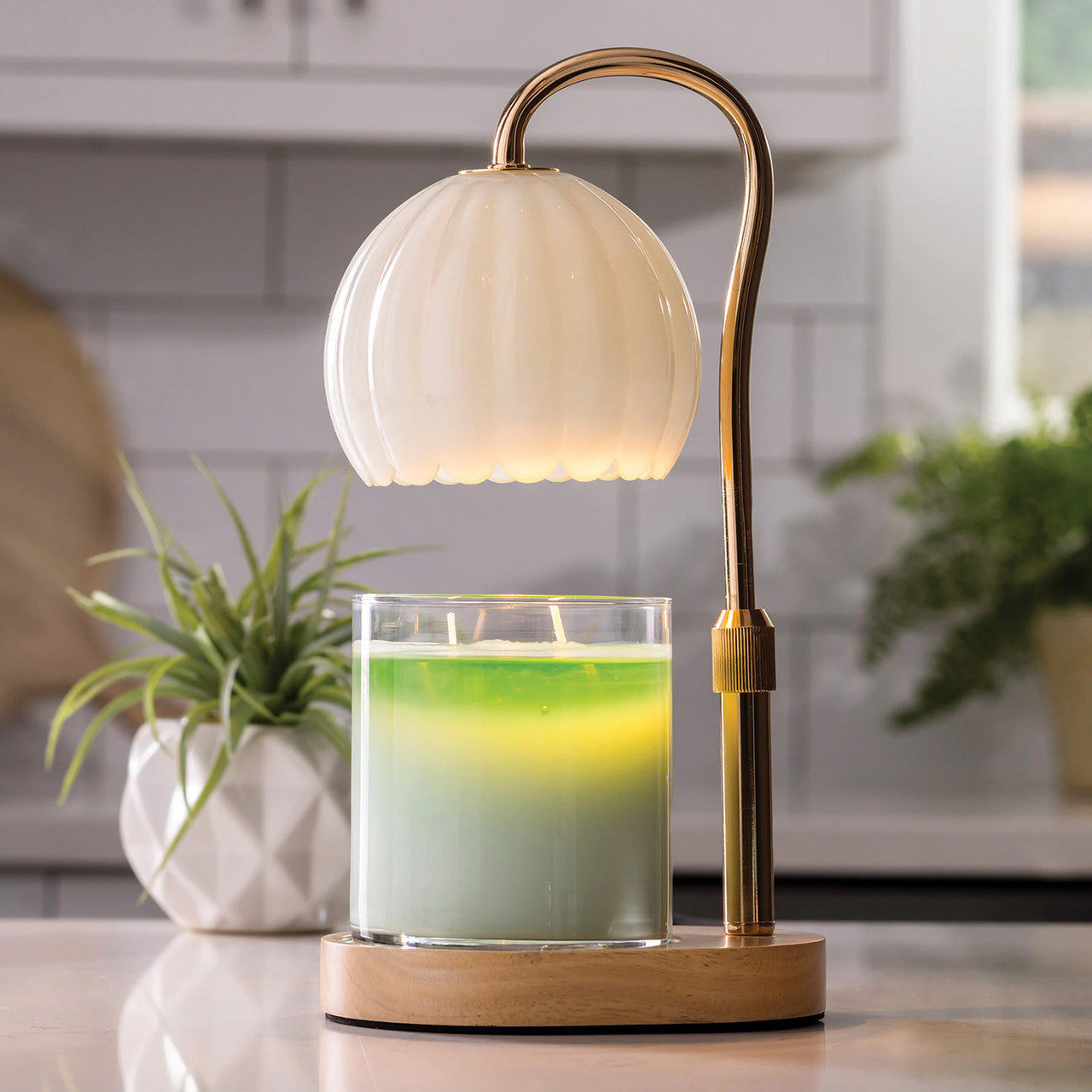 Milk Glass Candle Warmer Lamp - Gold and Wood