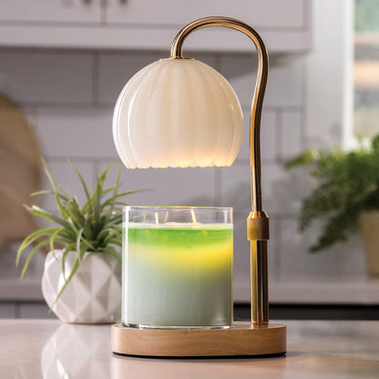 Milk Glass Candle Warmer Lamp - Gold and Wood