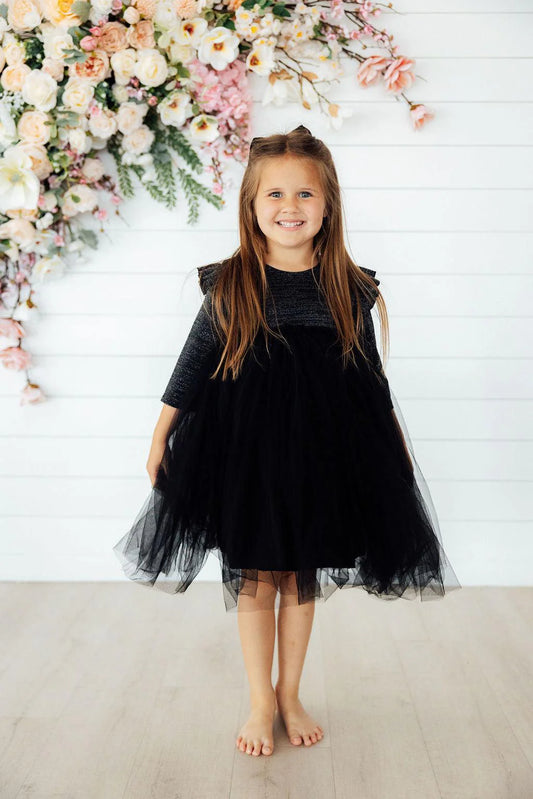 Black Shimmer 3/4 sleeve Tutu Dress