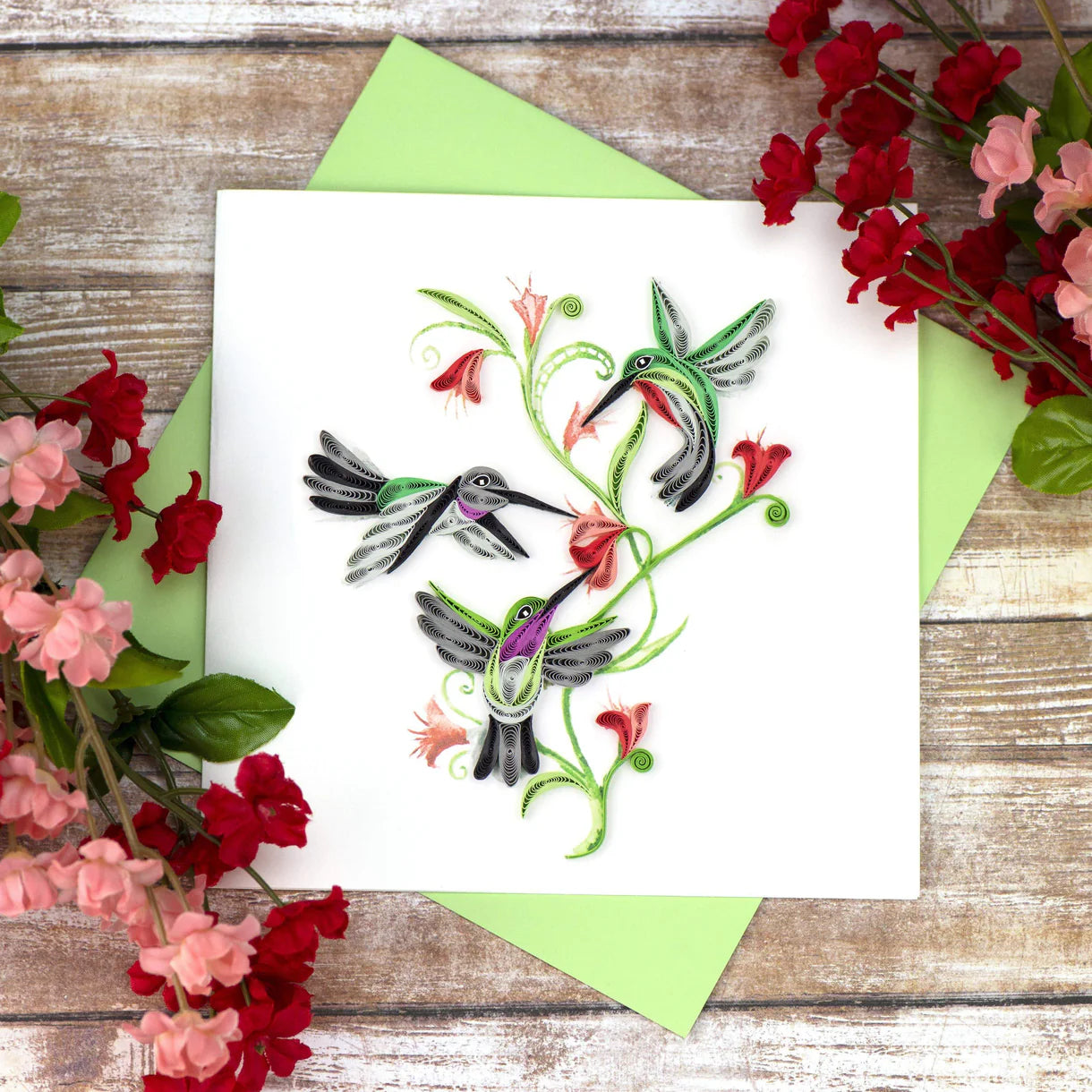 Quilled Hummingbird Trio Greeting Card