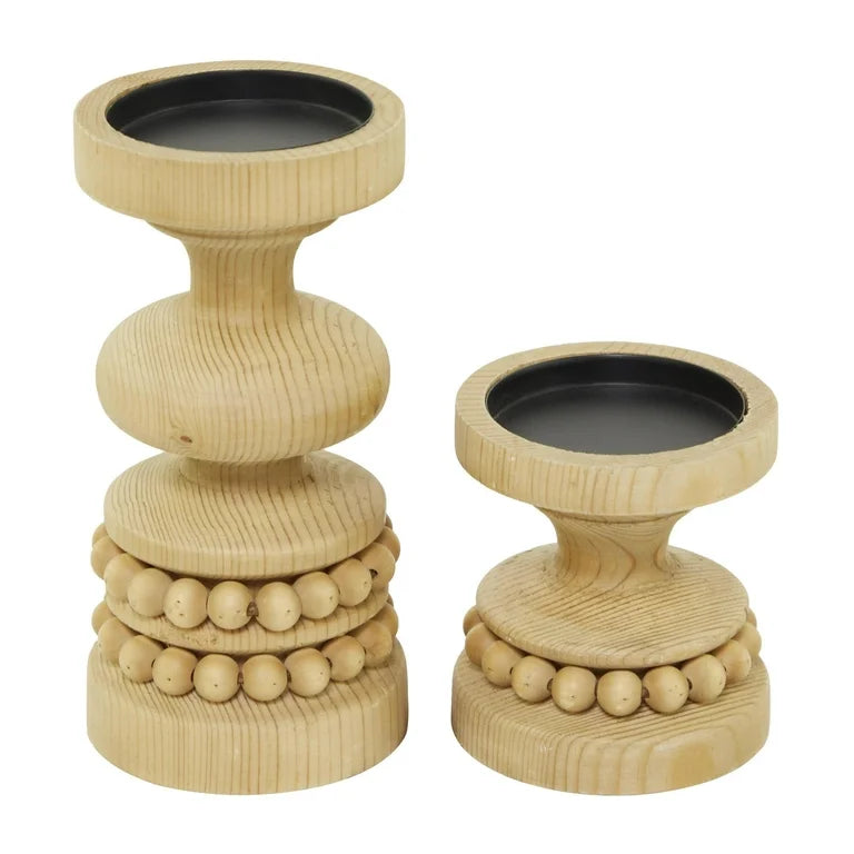 Light Wood Beaded Candle Holder