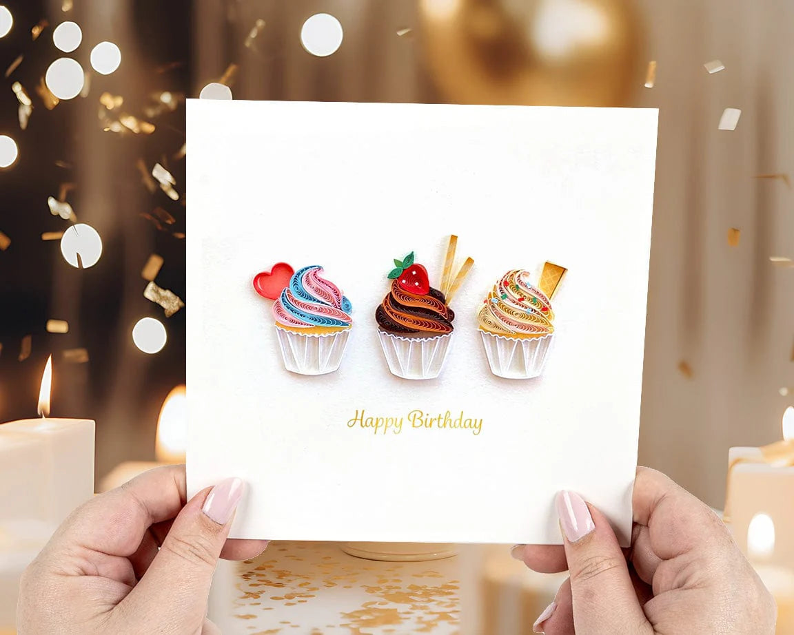 Quilled Birthday Cupcake Trio Greeting Card