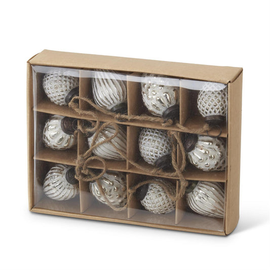 Box Of 12 Mini Whitewashed Mercury Glass Round Ornaments
