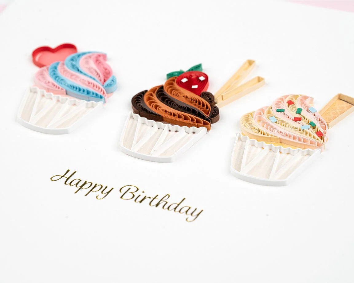 Quilled Birthday Cupcake Trio Greeting Card
