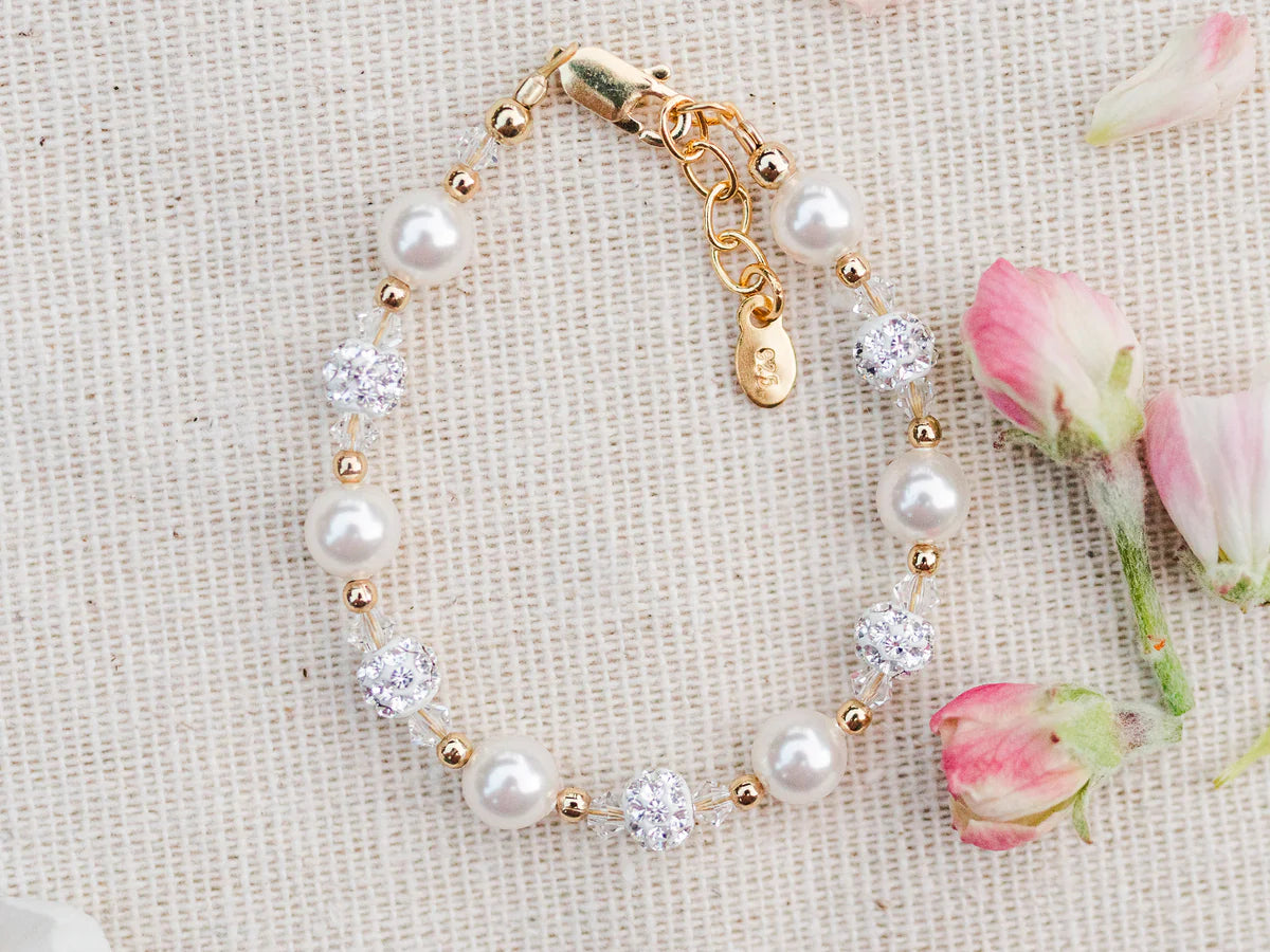 14K Gold Plated Simulated Pearl and Sparkling Stardust Children's Bracelet