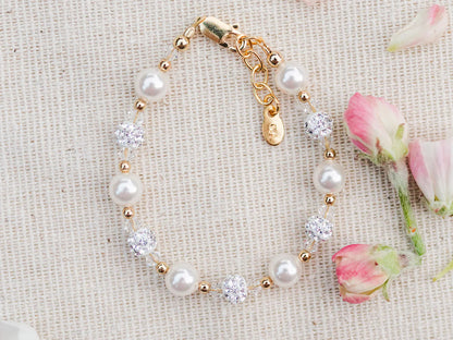 14K Gold Plated Simulated Pearl and Sparkling Stardust Children's Bracelet
