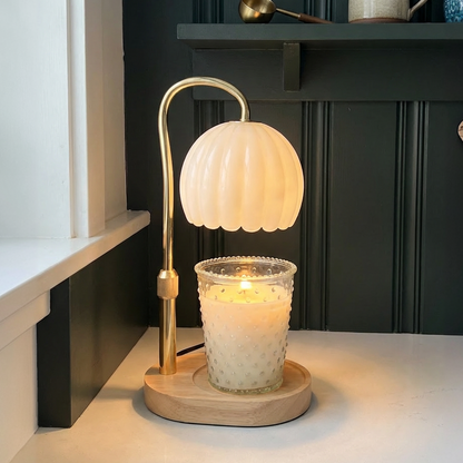 Milk Glass Candle Warmer Lamp - Gold and Wood