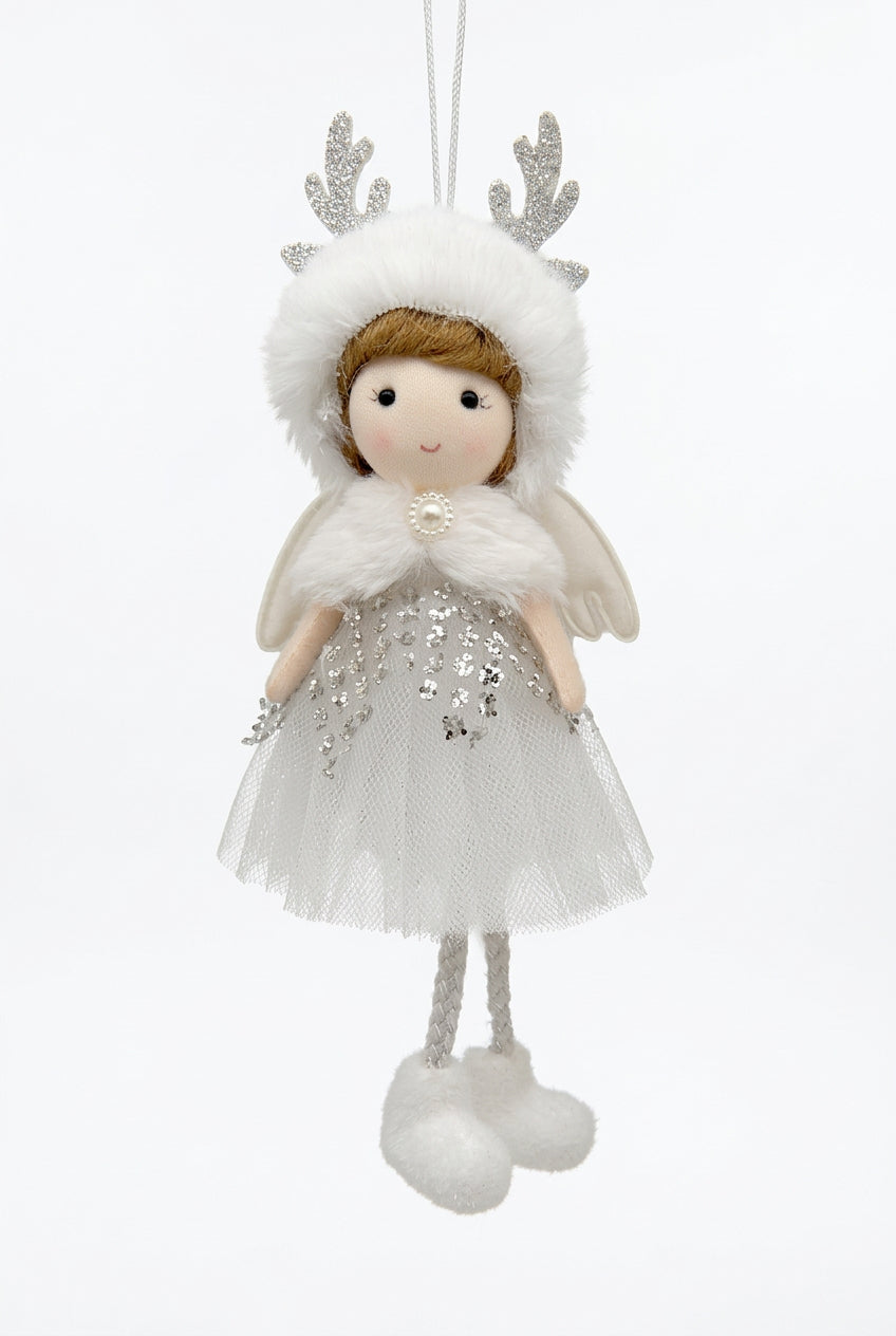 White & Silver Cherub Ornament with Reindeer Hat, 8"