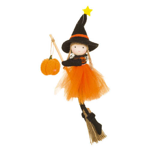 8.25" Flying Witch Doll with Pumpkin