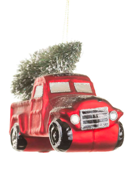 Vintage-Style Red Truck Ornament with Christmas Tree