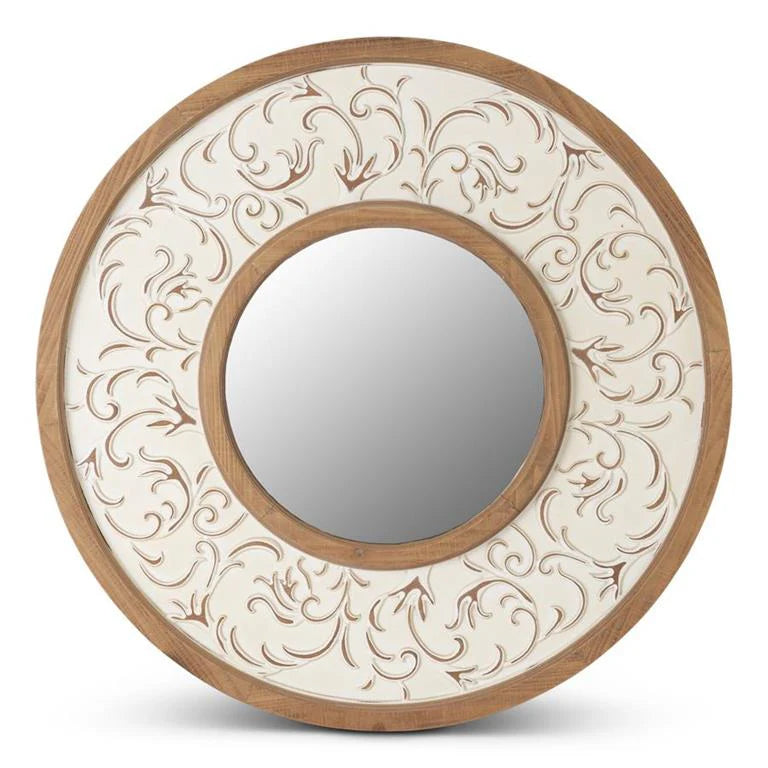 Round Whitewashed and Natural Embossed Scroll Framed Wall Mirror