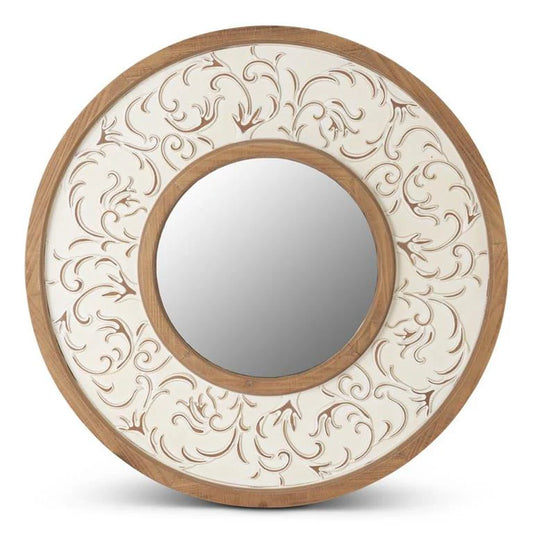 Round Whitewashed and Natural Embossed Scroll Framed Wall Mirror