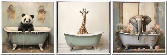 Bathroom Animals | Framed Canvas – 24″ x 24″