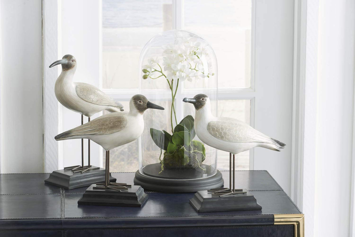 Cream and Brown Resin Seagulls with Metal Legs on Black Base