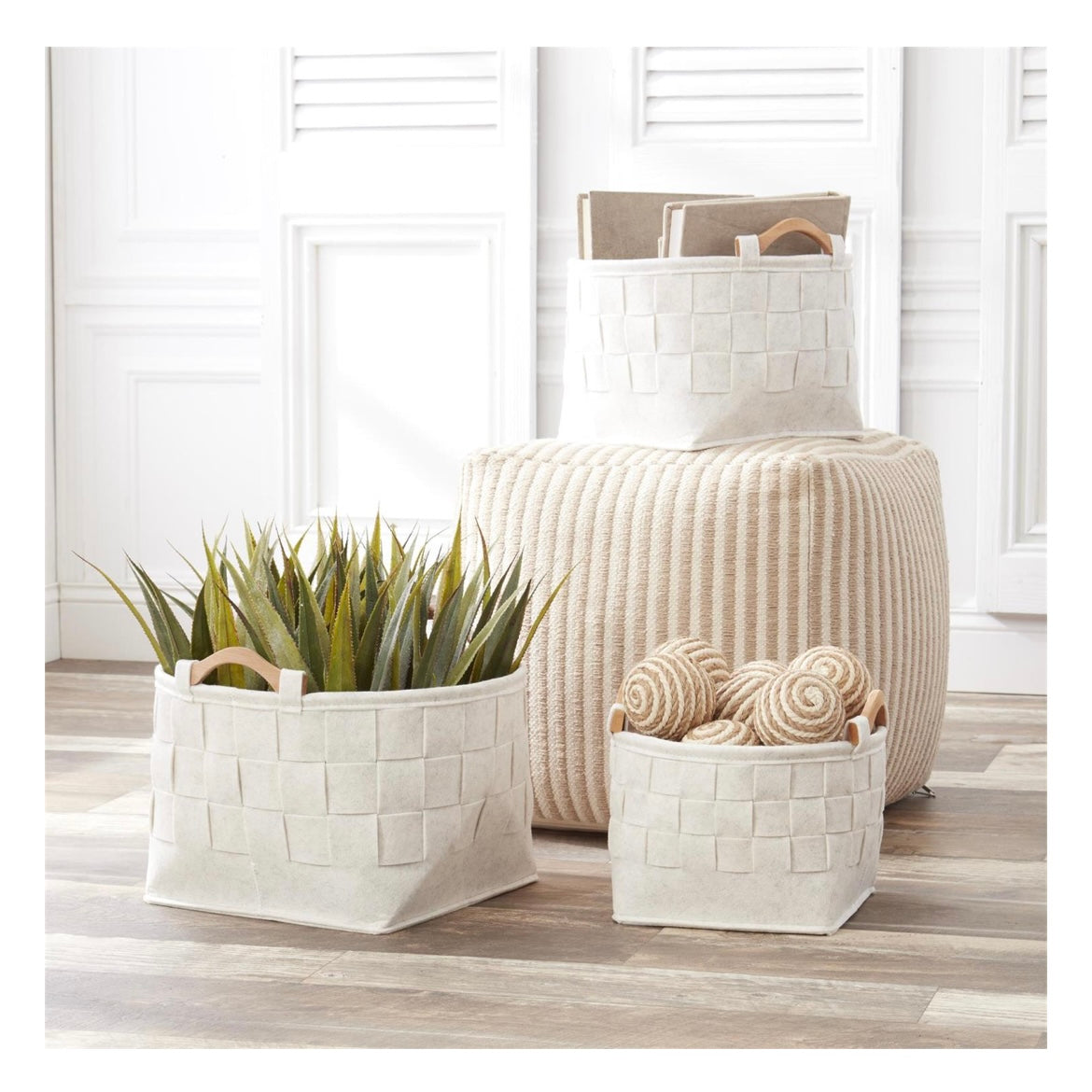 Round Woven Cream Felt Nesting Baskets