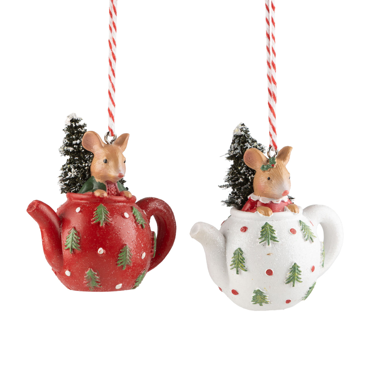 Mouse in Teapot Resin Christmas Ornament with Holly & Mini Tree, 2.5"