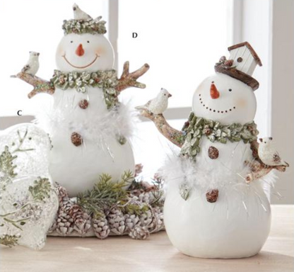 White Glittered Snowman Figurine with Feathers – 9.75"