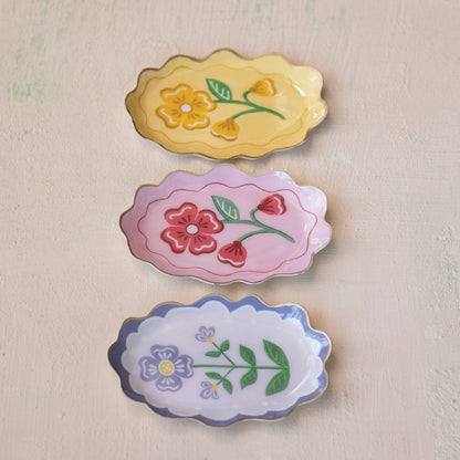 Enameled Metal Scalloped Tray with Flower