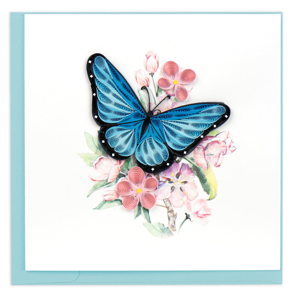 Quilling Card Blue Butterfly Pink Flowers