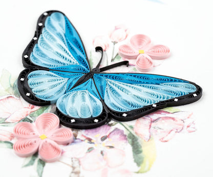 Blue Butterfly Pink Flowers Quilling Card