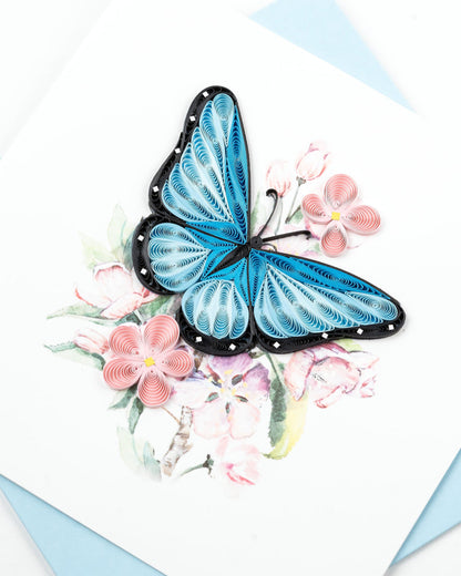 Blue Butterfly Pink Flowers Quilling Card