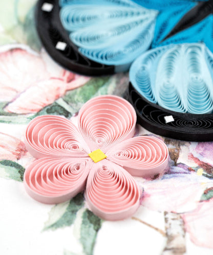 Blue Butterfly Pink Flowers Quilling Card