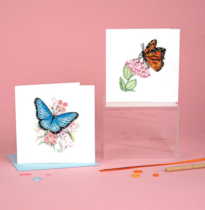 Blue Butterfly Pink Flowers Quilling Card