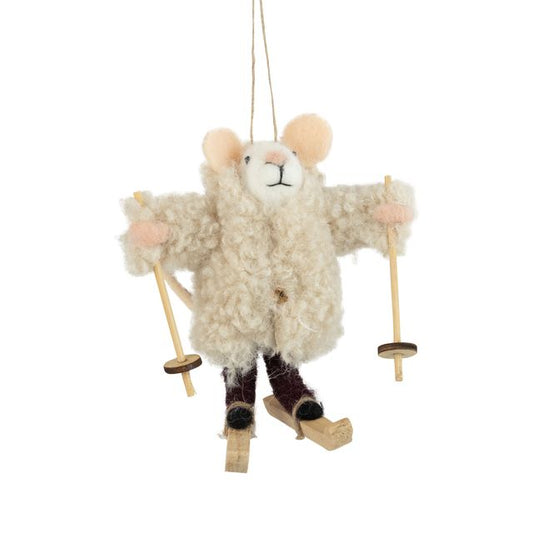 Felt Mouse Ornament in Boucle Coat with Skis