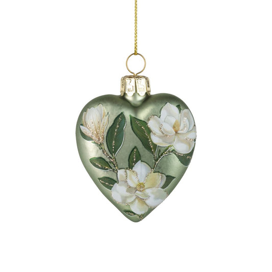 Green Magnolia Glass Heart Ornament
