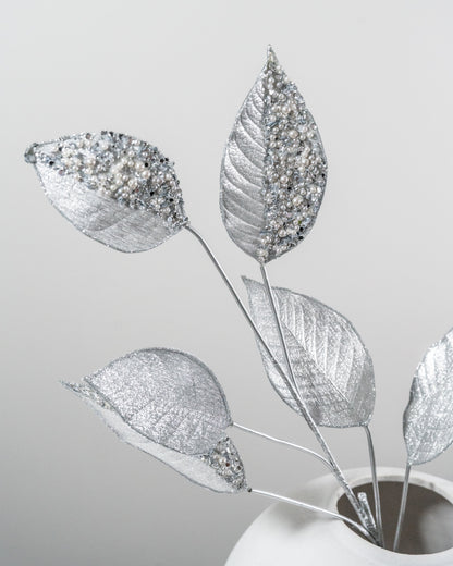 Silver Glitter Magnolia Leaf Spray, 33.5"