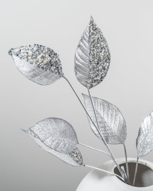 Silver Glitter Magnolia Leaf Spray, 33.5"