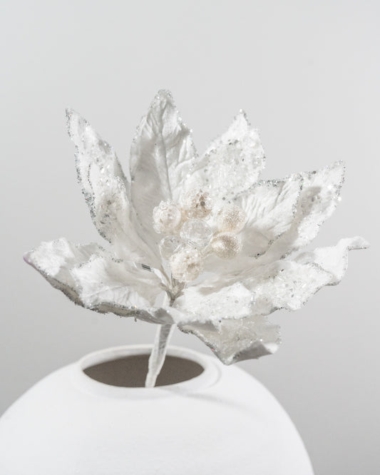 18” Glittered White Poinsettia Pick