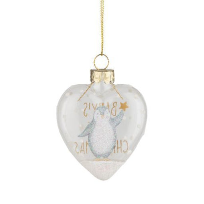 Baby’s First Christmas Glass Heart Ornament with Penguin, 2.5"